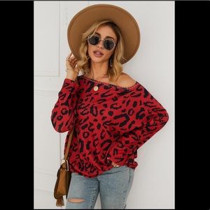 Chic Red Leopard Print Off-Shoulder Sweatshirt